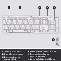 Logitech MK295 Kit Mouse e Tastiera Wireless – Tecnologia SilentTouch, Tastierino Numerico, Tasti Scelta Rapida, Tracciamento Ottico Avanzato, Ricevitore USB Nano, Senza Lag, Meno 90% di Rumore. Bianco - Vista aggiuntiva 6