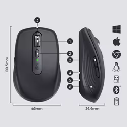 Logitech MX Anywhere 3 Mouse Compatto Performante – Wireless, Scroller Elettromagnetico, Ergonomico, Sensore 4000 DPI, Pulsanti Custom, USB-C, Bluetooth, Apple Mac, iPad, Windows PC, Linux, Chrome - Vista aggiuntiva 6