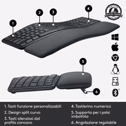 Logitech ERGO K860 Wireless Split Keyboard - Tastiera Ergonomica Wireless, Poggiapolsi, Connettività Bluetooth e USB, Compatibile con Windows e Mac - Vista aggiuntiva 6