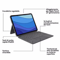 Logitech Combo Touch Custodia con Tastiera per iPad Pro 11 pollici (1a, 2a, 3a gen - 2018, 2020, 2021) - Tastiera Retroilluminata Rimovibile, Trackpad, Smart Connector - Grigio - Vista aggiuntiva 7