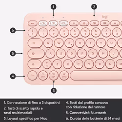 Logitech K380 Tastiera Bluetooth Multidispositivo per Mac, Sottile e Compatta, Easy-Switch fino a 3 Dispositivi, Compatibile con macOS, iOS, iPadOS, Layout Italiano - Rosa - Vista aggiuntiva 6