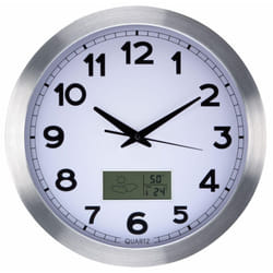 Perel - orologio da parete lcd in alluminio con termometro, igrometro e previsione - ø 35 cm