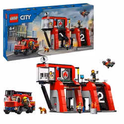 LEGO City 60414 Caserma dei Pompieri e Autopompa con Camion Giocattolo, 6 Minifigure, Cane e Access