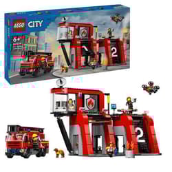 LEGO City 60414 Caserma dei Pompieri e Autopompa con Camion Giocattolo, 6 Minifigure, Cane Access 1 St