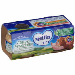 Mellin Omogeneizzato Manzo Prosciutto Con Verdure è un alimento per l'infanzia indicato dal 4° mese. Preparato con carne di m ...