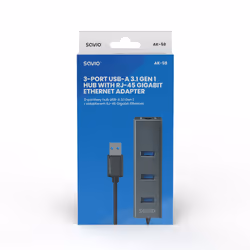 Savio AK-57 USB-A - 3 x USB-A HUB with RJ-45 Gigabit Ethernet adapter 5000 Mbit/s grey USB 3.2 Gen 1 (3.1 Gen 1) Micro-B 5000 Mbit/s - Vista aggiuntiva 7