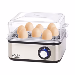 Adler AD 4486, 8 uovo/uova, Plastica, Duro, Medio, Morbido, Nero, Acciaio satinato, Trasparente, 800 W