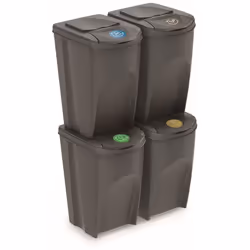 Set di 4 cubi di riciclaggio in vari colori di 35 litri ciascuno per carta, vetro, plastica e organico. La carta, il vetro, l ...