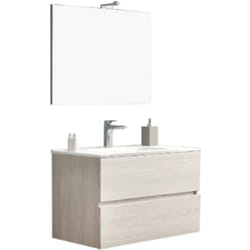 Savinidue - Mobile da bagno sospeso a 2 cassetti da 80 cm Colore Rovere Bianco (Compreso Lavabo - Lampada - Specchiera)