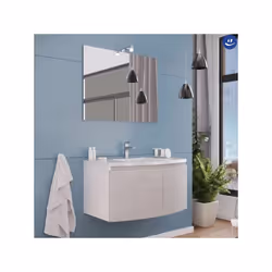 Composizione da bagno sospesa dal design elegante e funzionale.le linee curev del mobile si abbinano perfettamente con il dis ...