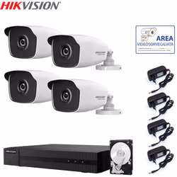 Il kit di videosorveglianza comprende: 1x HWD-6104MH-G Hikvision 5in1, 4 canali BNC + IP, Ultra HD 2K - 4 Mpx 1x Hard Disk SA ...