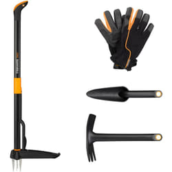 Fiskars - Set di Attrezzi da Giardino, 4 pezzi, Sarchiatore Xact, Acciaio Inox/Plastica, Zappa e Cazzuola Combinata Solid, FiberComp,Guanti da