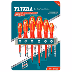 Set da 6 cacciaviti isolati TOTAL CARATTERISTICHE: SL3.0×75 SL4.0×100 SL6.5×150 PH0×60 PH1×80 PH2×100 1000V VDE Certification ...