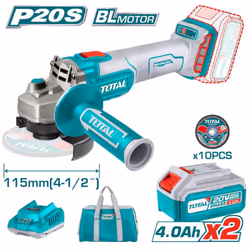 SMERIGLIATRICE ANGOLARE TOTAL Motore senza spazzole BRUSHLESS Tensione: 20V Velocità a vuoto: 3000/8500 giri/min Diametro del ...