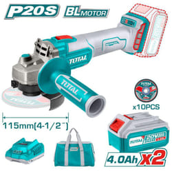 Total - smerigliatrice angolare 115mm 20V+2 batterie 4Ah+10 dischi x metallo+borsa
