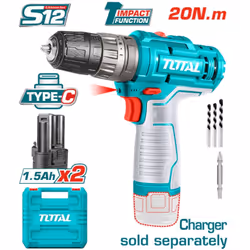 TRAPANO AVVITATORE A PERCUSSIONE A BATTERIA 12V TOTAL Questo trapano avvitatore a percussione da 12 V è uno strumento versati ...