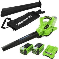 Greenworks - GD40BVK2X Aspiratore Soffiatore a Batteria per Foglie, Motore Brushless, 280km/h, 9,63m³/min, Sacco di Raccolta da 45L, Due Batterie 40V