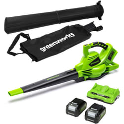 Greenworks - 48V(2x24V) Aspirafoglie Soffiatore a Batteria con Tracolla, Motore Brushless, 322km/h, 9m³/min, Sacco di Raccolta 45L, 2 4Ah Batterie, e