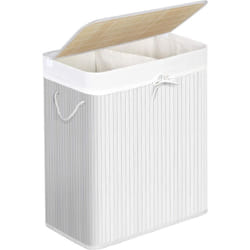 Songmics - Cesta Porta Biancheria in Bambù, Cesto per Lavanderia con 2 Sezioni, Coperchio e Sacco Interno Rimovibile, Manici in Cotone, Capacità di
