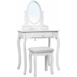 Songmics - Toeletta Trucco, Postazione Trucco, Tavolo da Trucco con 3 Cassetti, Specchio e Sgabello, Specchiera per Cosmetici, Idea Regalo, Bianco