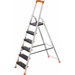 Scaletta a 6 Gradini, Scala Pieghevole in Alluminio, Gradini Larghi 12 cm, con Portautensili e Piedini Antiscivolo, Max. Portata Statica 150 kg, Test