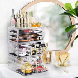 Organizzatore per Cosmetici 4 in 1 xxl, Porta Trucchi con 11 Cassetti e 15 Scomparti di Diverse Dimensioni, Tappetini Antiscivolo, per Make Up e
