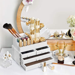 Organizzatore per Cosmetici, Porta Trucchi Impilabile con 11 Scomparti e 4 Cassetti, per Toeletta, Camera da Letto, Bagno, Idea Regalo, Bianco