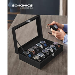 Songmics - Porta Orologi a 12 Posti, Scatola Portaorologi, Coperchio in Vetro, Cuscini Rimovibili, Chiusura in Metallo, Idea Regalo, Superficie in pu