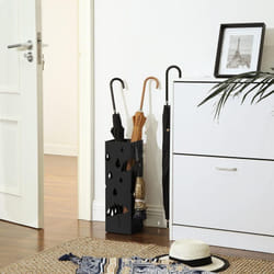 Songmics - Porta Ombrelli in Metallo, Portaombrelli Quadrato, con 4 Gancini e Vaschetta Scolapioggia Rimovibile, 15,5 x 15,5 x 49 cm, Nero