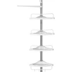 Songmics - Mensola Angolare da Bagno, Scaffale per Doccia Telescopico e Regolabile, 95-300 cm, da Terra a Soffitto, Acciaio Inox, 4 Ripiani, 3 Ganci,