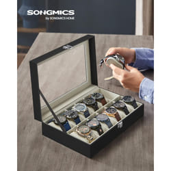 Songmics - Porta Orologi a 12 Posti, Scatola Portaorologi, Coperchio in Vetro, Cuscini Rimovibili, Chiusura in Metallo, Idea Regalo, Superficie in pu