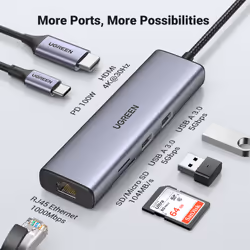 Ugreen USB-C to 2*USB3.0+HDMI+RJ 45+SD&TF+PD port Hub - Vista aggiuntiva 8