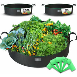 Vounot - Set di 3 Sacchi per Piante in Tessuto Non Tessuto 200L, Vasi di Coltivazione Aiuole da Giardino con Maniglie e Etichette, Nero