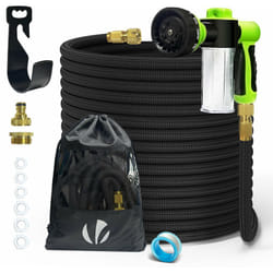 Vounot - Tubo Irrigazione Estensibile 30m, Tubo Flessibile da Giardino, Pistola a Spruzzo d'Acqua 8 Funzioni con Dispenser Sapone e Accessori, Nero