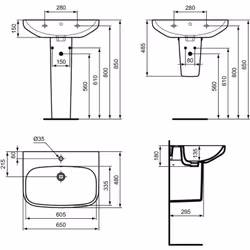 Lavabo 650x480x135 mm con foro centrale per la rubinetteria aperto e foro del troppopieno. Pu� essere abbinato alla colonna T ...