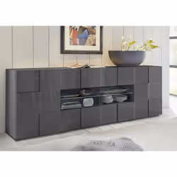 Credenza Mobile Soggiorno Con 2 Porte 4 Cassetti e Vano Centrale a Giorno In Melamina 241x42x84cm TFT Chequers Antracite Luci ...