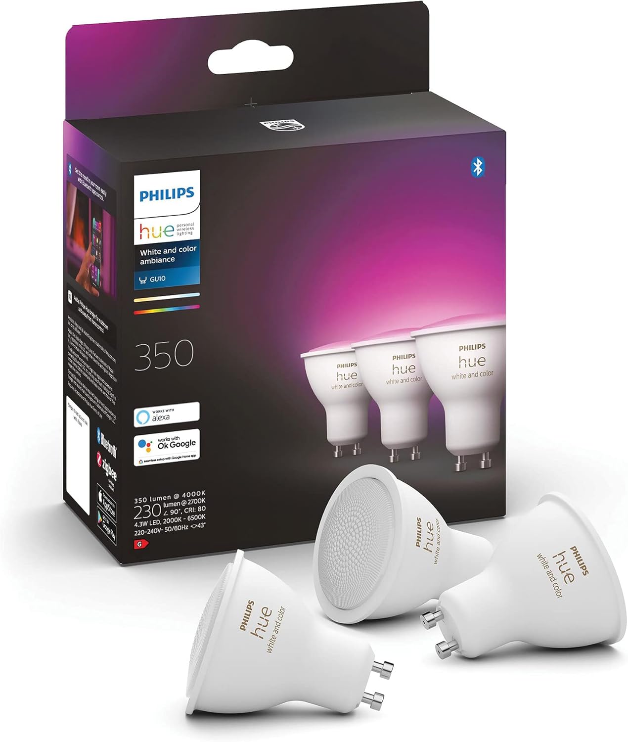 Philips Hue White and Color Ambiance, Faretto Smart LED, Bluetooth, Dimmerabile, GU10, 4.3 W, confezione da 3