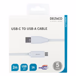 Deltaco USBC-1011M, 2 m, USB C, USB A, USB 2.0, Bianco