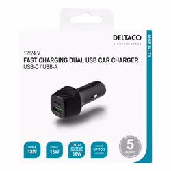 Deltaco USBC-CAR120 Caricabatterie per dispositivi mobili Universale Nero Accendisigari Auto
