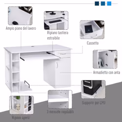 Scrivania da Ufficio Porta PC 120x60x74 cm con Mensole Ripiano Tastiera Bianca - Vista aggiuntiva 4