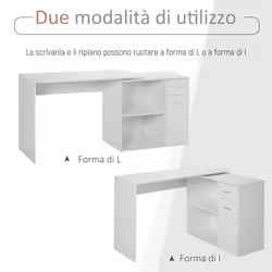 Scrivania Angolare da Ufficio con Cassetti e Scaffale Girevole in Truciolare Bianca - Vista aggiuntiva 4