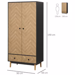 Armadio 2 Ante 2 Cassetti 90x50x190 cm in Legno Grigio Scuro - Vista aggiuntiva 3