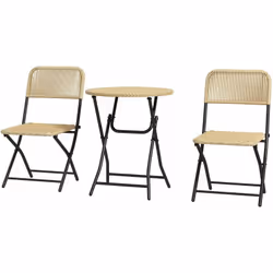 Set Tavolino e Sedie Set Tavolino e 2 Sedie Pieghevoli da Giardino in Acciaio e Rattan Giallo e Nero Questo set da giardino c ...