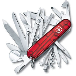 Victorinox - Coltello svizzero Swiss Champ, 33 funzioni diverse, con pinzette, forbici e lente d'ingrandimento, 185 gr, colore rosso trasparente