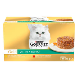 GOURMET Gold Tortini Gatto con Pollo e Carote, con Manzo e Pomodori, 4x85g