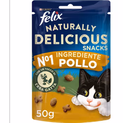 Felix Naturally Delicious è uno snack per gatti al gusto pollo e con un tocco di erba gatta con cui potrai viziare il tuo mic ...