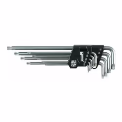 In acciaio temperato - Chiavi piegate e lunghe al cromo vanadio - Torx con foro - Cf. in blister Confezione: 1 SR Serie 9 pz.