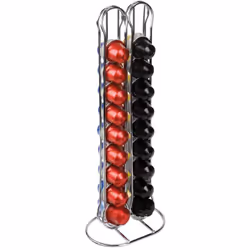 Descrizione prodotto - Portacapsule in acciaio cromato, adatto a contenere 36 capsule per caff} Nespresso.