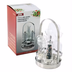 Stand con macina sale, macina pepe ed ampolle per olio e aceto di diametro 13,5 cm. La struttura dello stand } in acciaio ino ...
