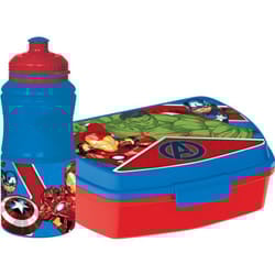 Marvel - Set borraccia da 380 ml e Sandwich Box blu per bambini in plastica Avengers con banda antiscivolo e chiusura di sicurezza